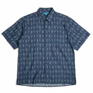 Tori Richard Mens 4XT Blue Cotton Lawn Tropical Palm Leaf Button Front Shirt